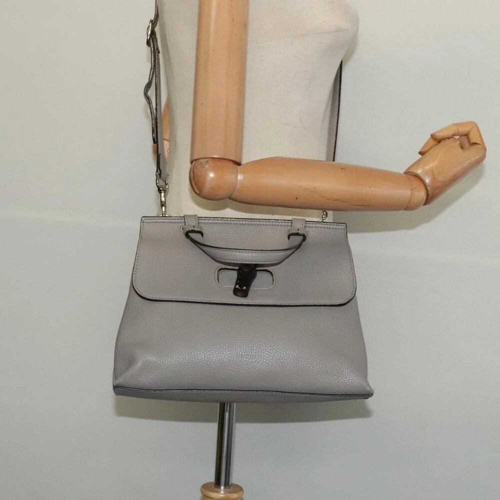 GUCCI Bamboo Daily Hand Bag Leather 2way Gray Silver 370831 Auth BA4687